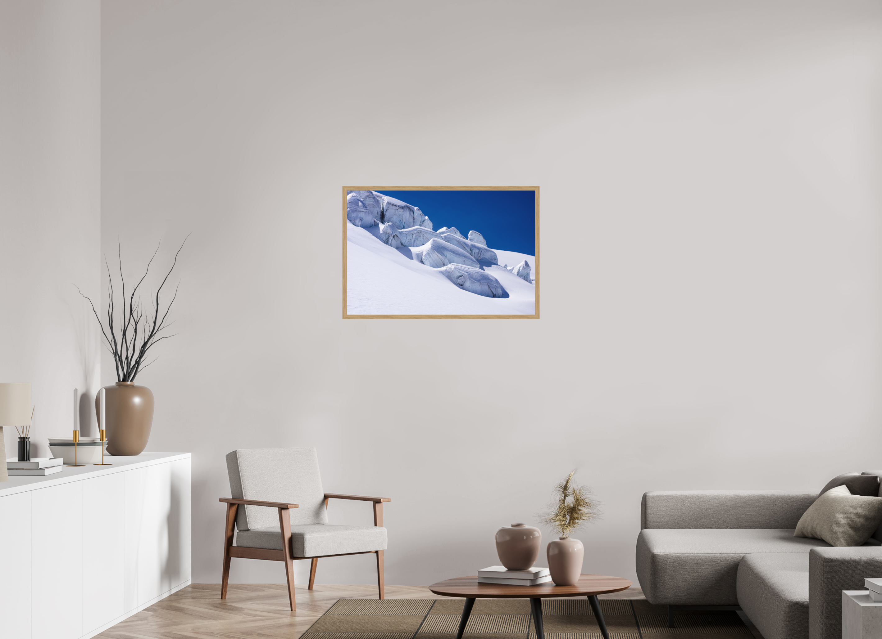90 x 60 cm, Impression Fine Art encadrée en chêne naturel - mat Séracs du glacier de la Dent Blanche