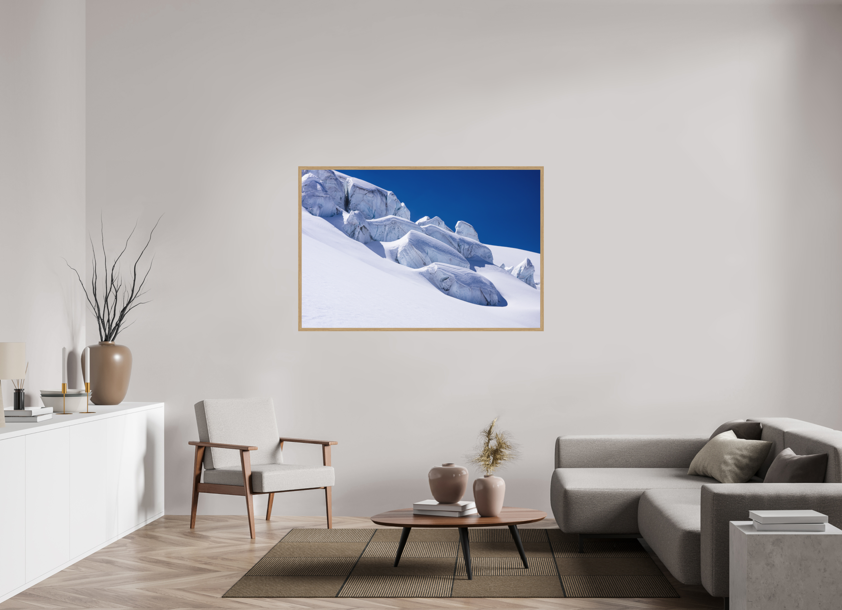 150 x 100 cm, Impression Fine Art encadrée en chêne naturel - mat Séracs du glacier de la Dent Blanche
