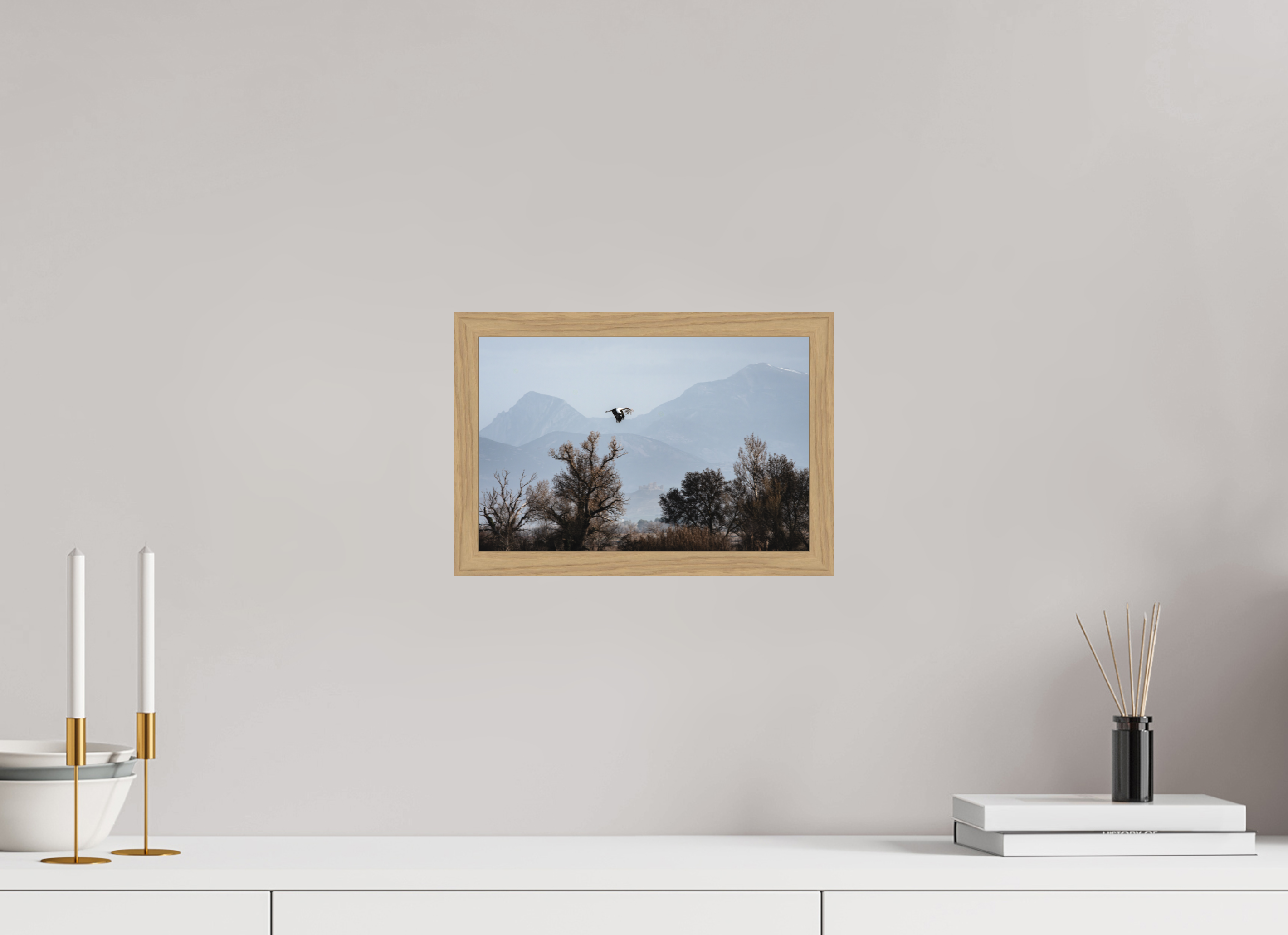 30 x 20 cm, Impression Fine Art encadrée en chêne naturel - mat Grues V