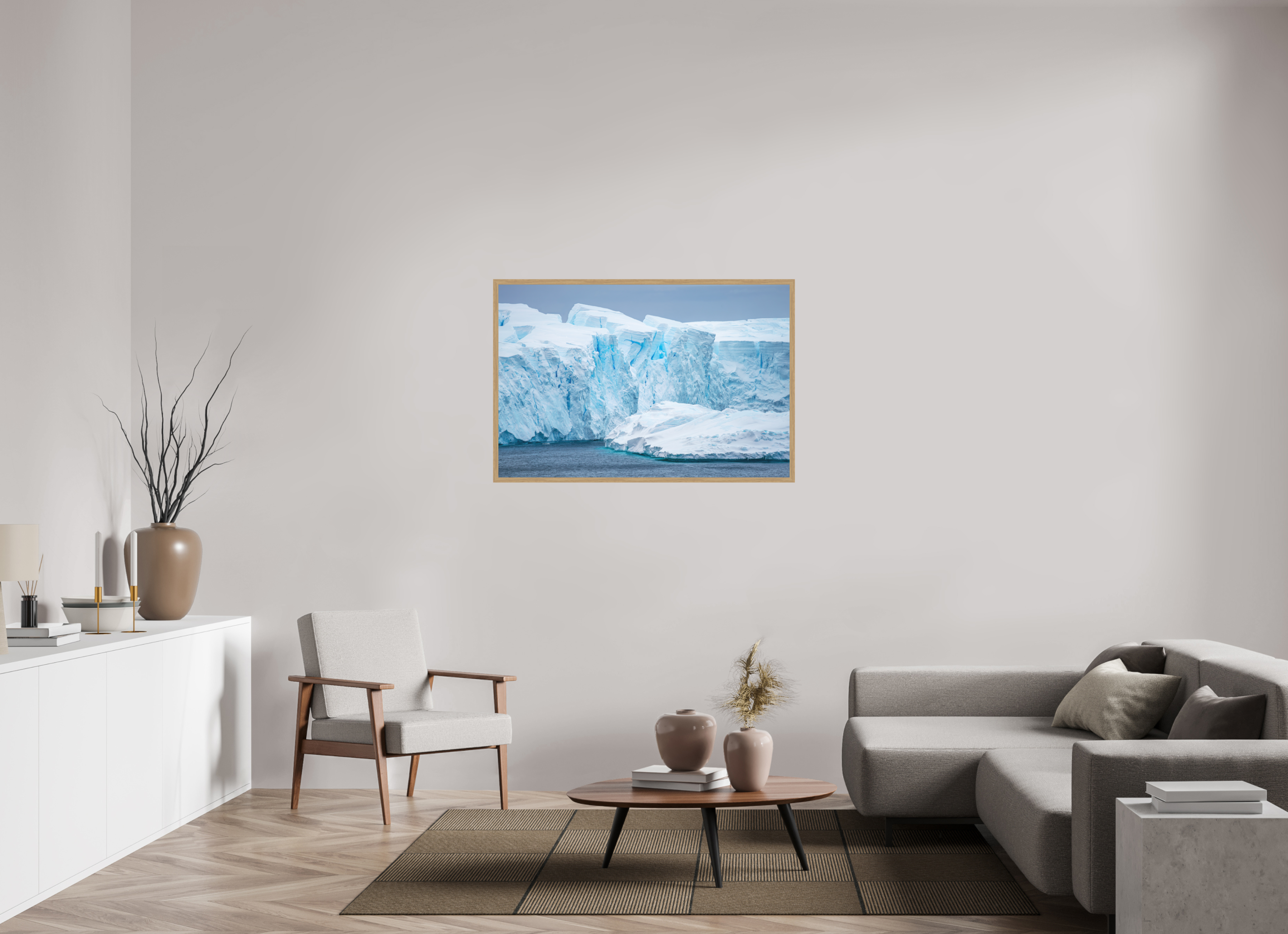 120 x 80 cm, Impression Fine Art encadrée en chêne naturel - mat Falaise de glace
