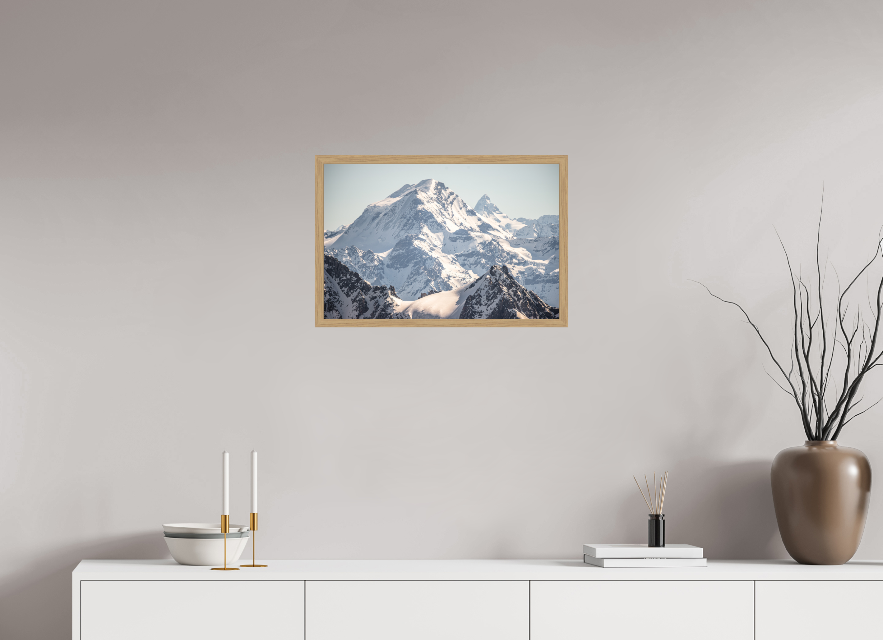 60 x 40 cm, Impression Fine Art encadrée en chêne naturel - mat Grand Combin et Cervin