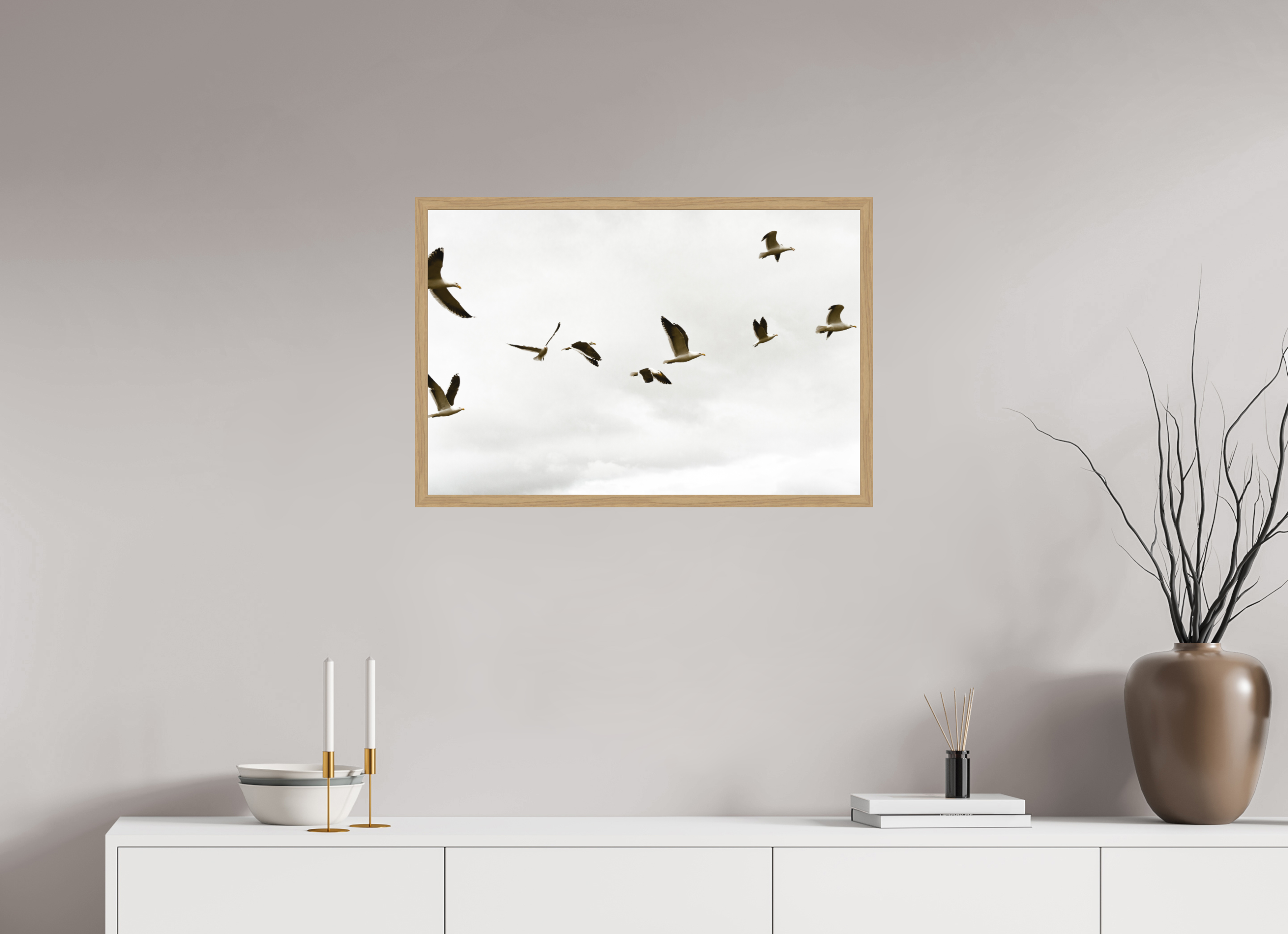 75 x 50 cm, Impression Fine Art encadrée en chêne naturel - mat Goelands