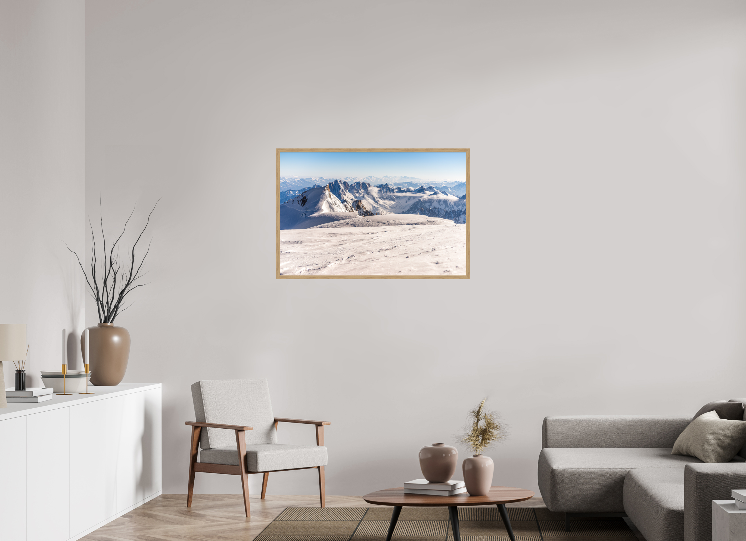 105 x 70 cm, Impression Fine Art encadrée en chêne naturel - mat La vue depuis le sommet du Mont Blanc