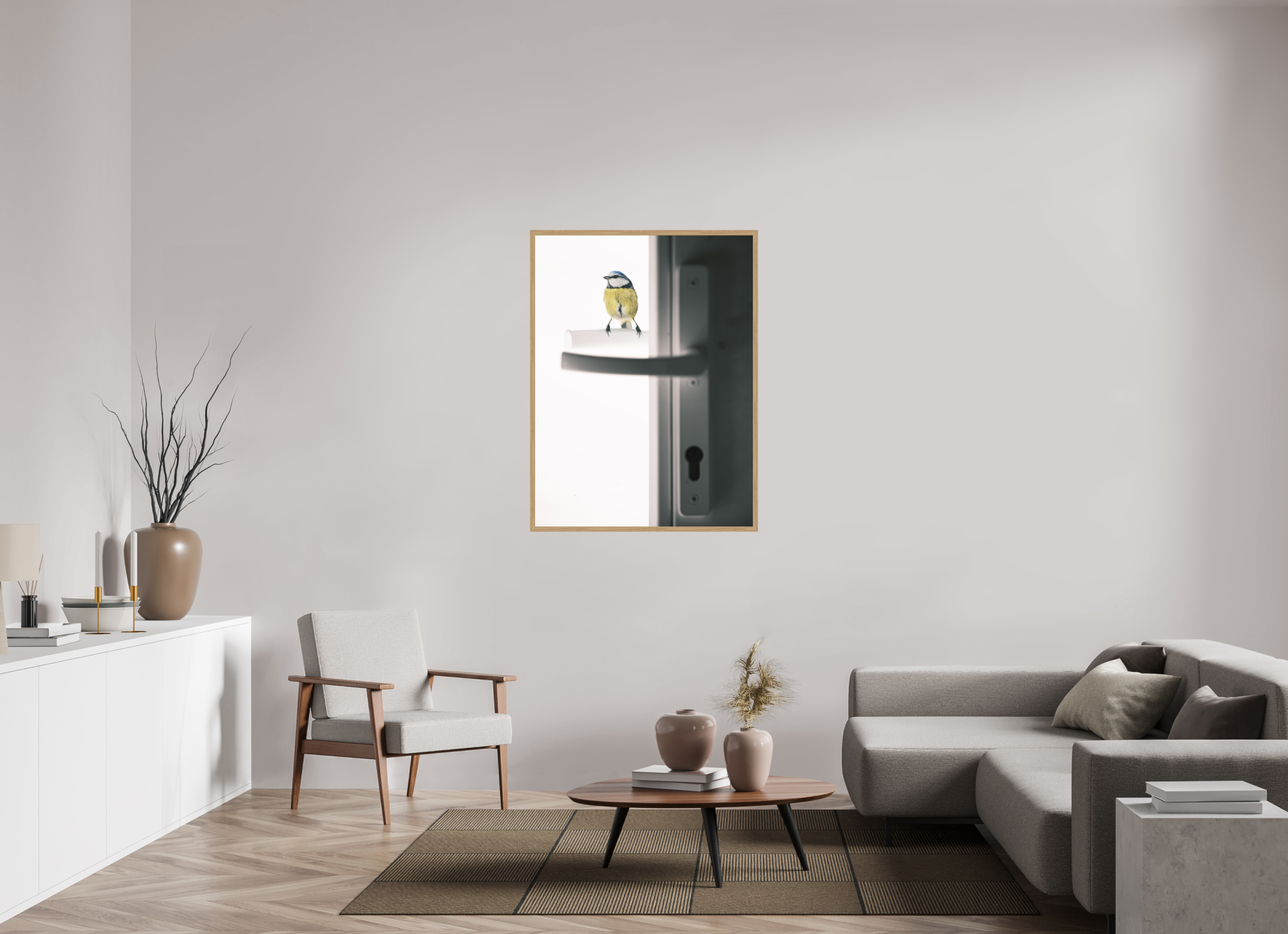 90 x 120 cm, Impression Fine Art encadrée en chêne naturel - mat mésange bleue