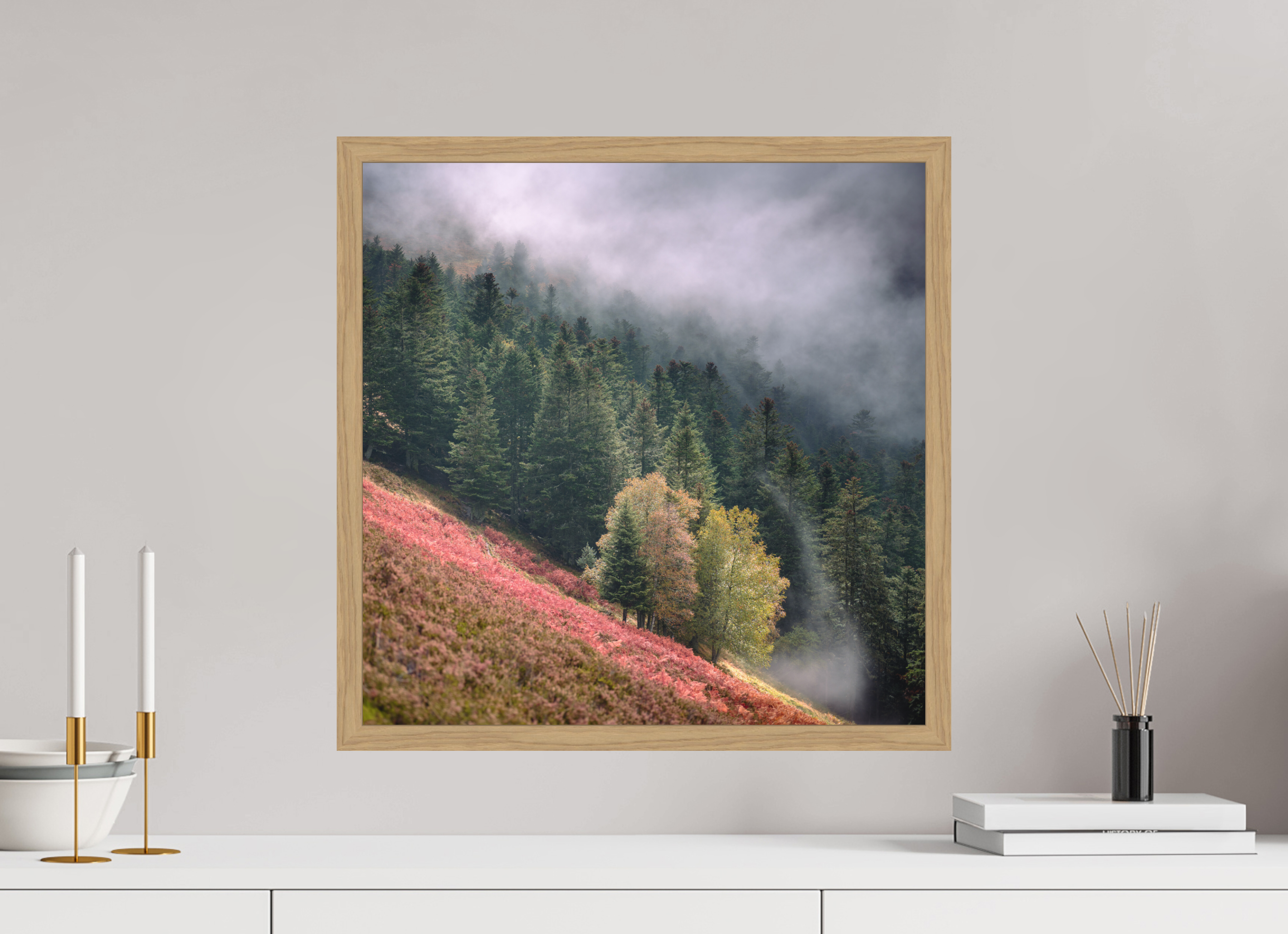 50 x 50 cm, Impression Fine Art encadrée en chêne naturel - mat Brume du soir