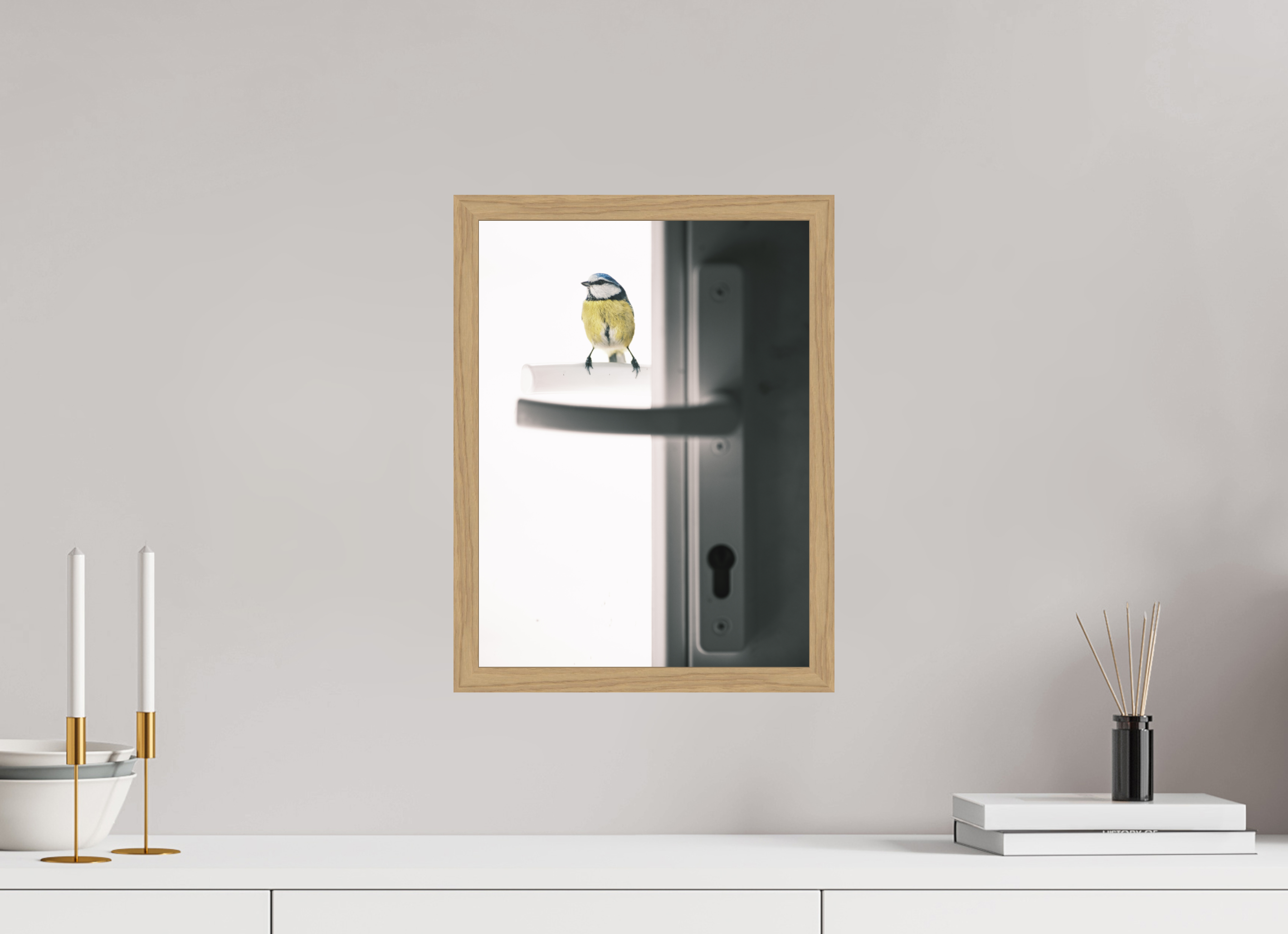 30 x 40 cm, Impression Fine Art encadrée en chêne naturel - mat mésange bleue
