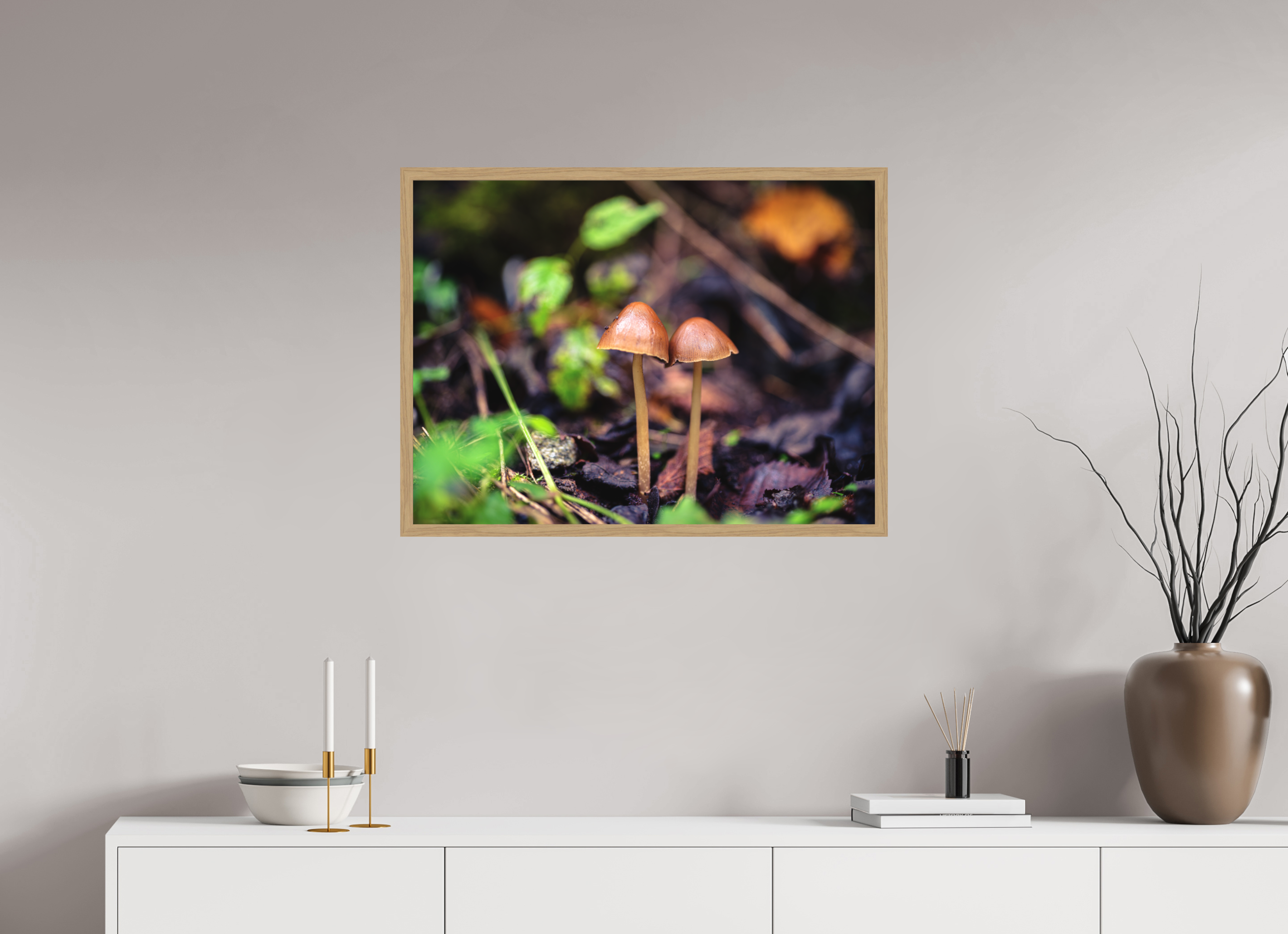 80 x 60 cm, Impression Fine Art encadrée en chêne naturel - mat Champignons