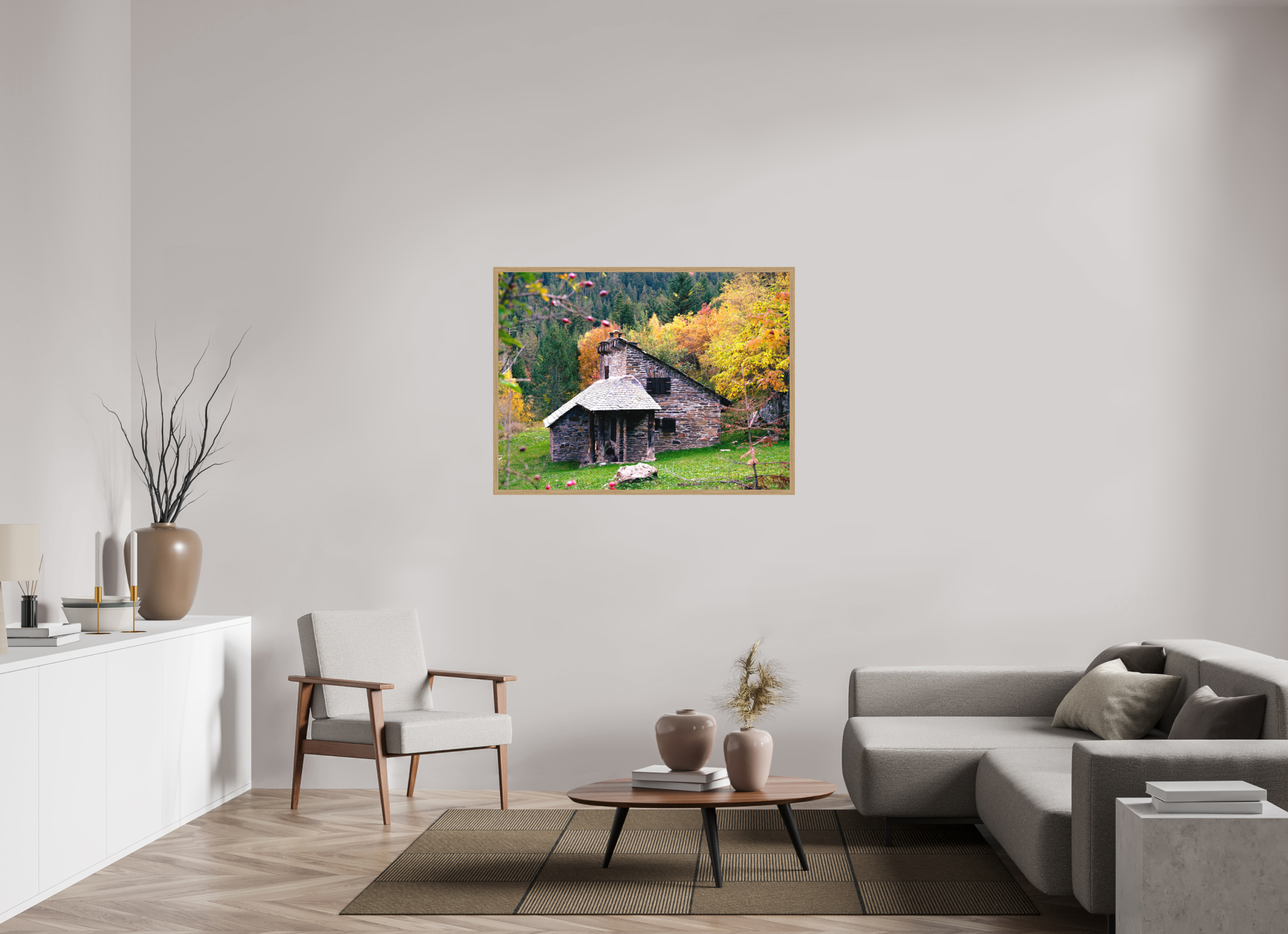 120 x 90 cm, Impression Fine Art encadrée en chêne naturel - mat Une petite maison dans la prairie