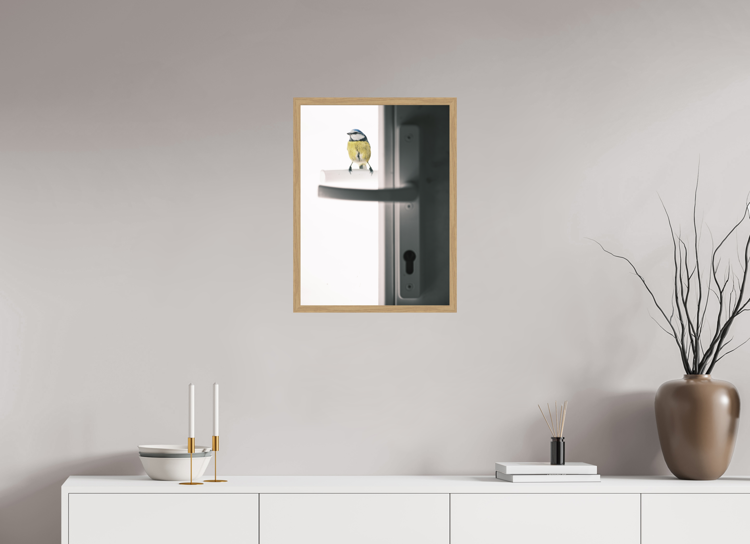 45 x 60 cm, Impression Fine Art encadrée en chêne naturel - mat mésange bleue