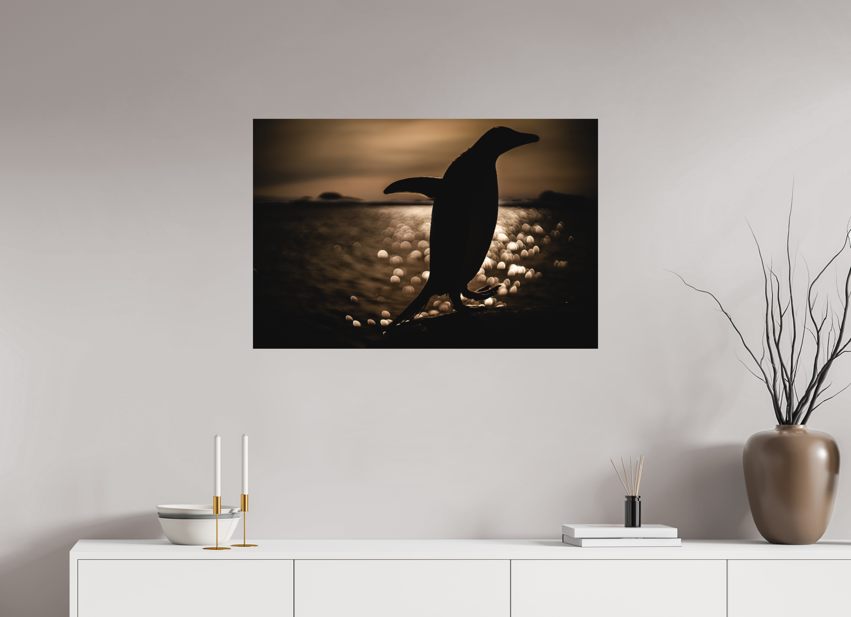 90 x 60 cm, Tirage photo - satiné Manchot Adélie et coucher de soleil