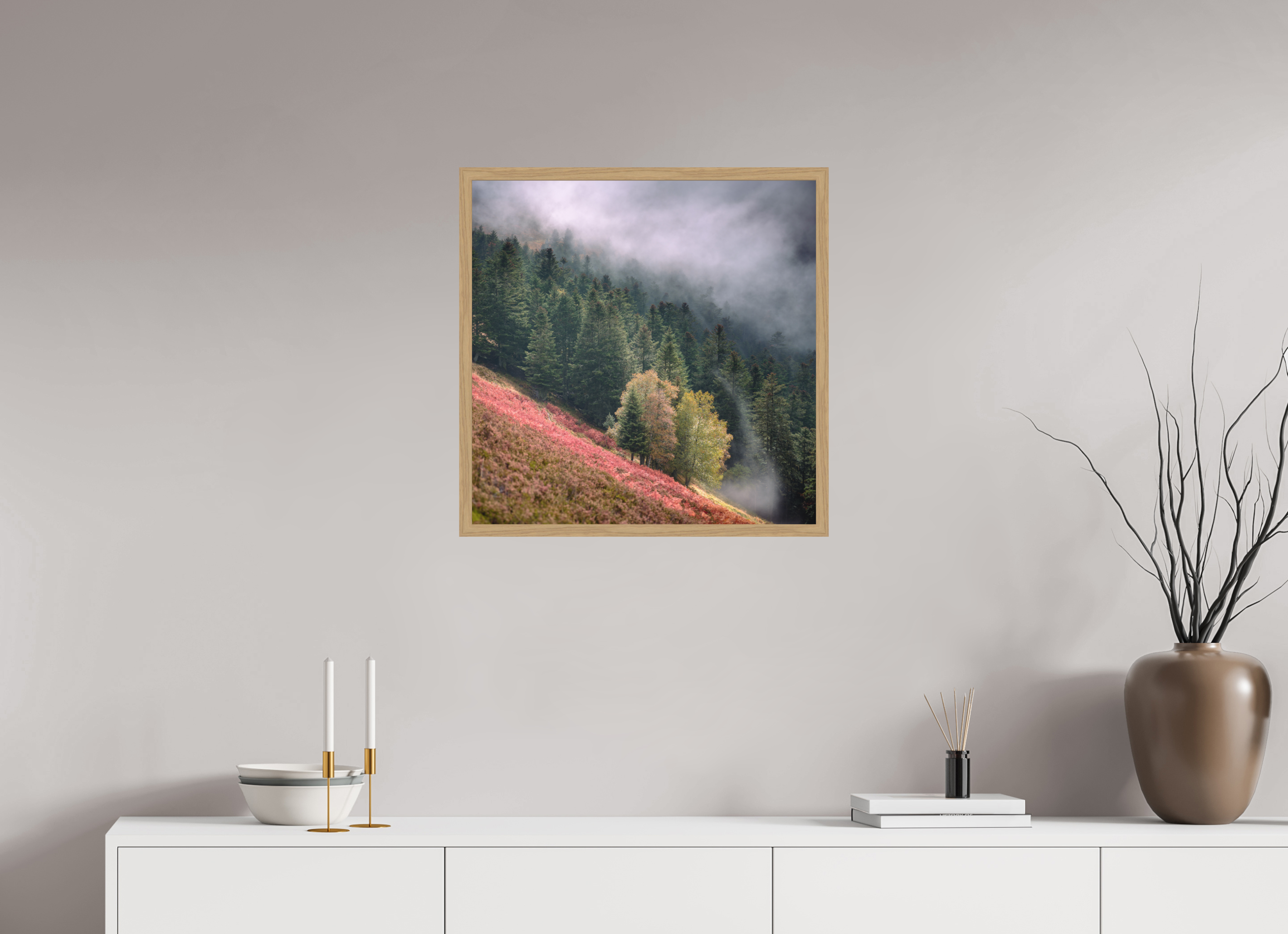 60 x 60 cm, Impression Fine Art encadrée en chêne naturel - mat Brume du soir