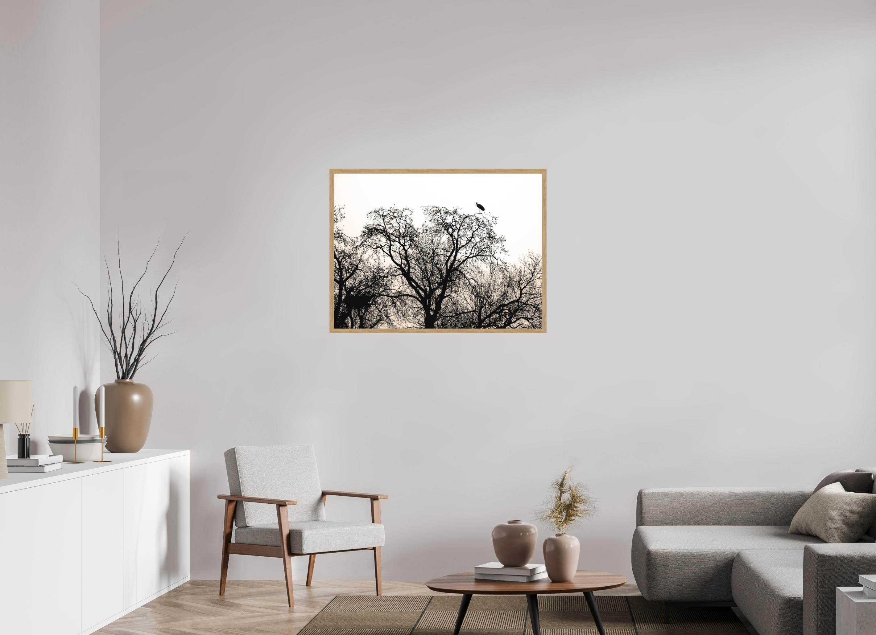 100 x 75 cm, Impression Fine Art encadrée en chêne naturel - mat grues VI