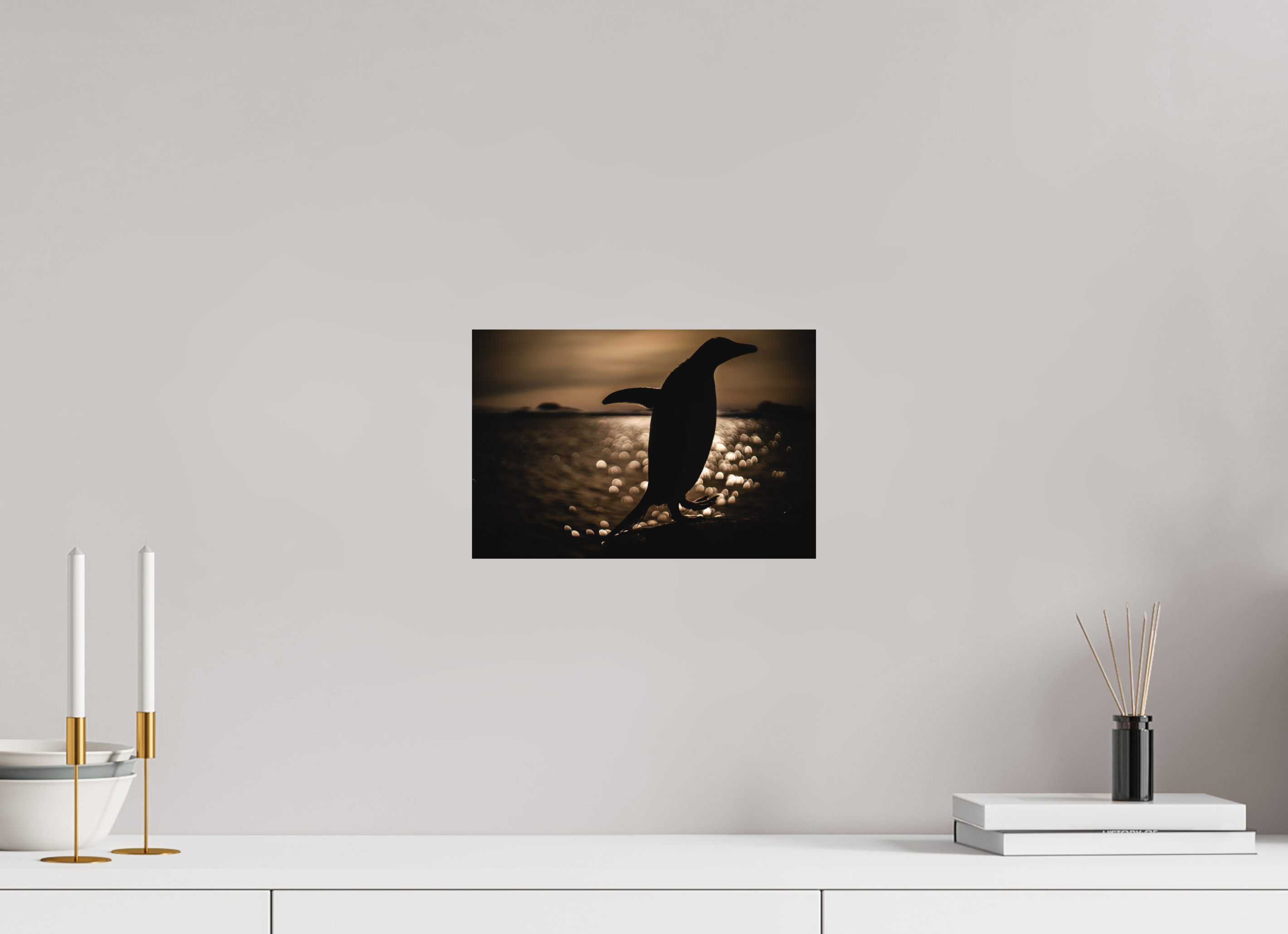 30 x 20 cm, Impression Fine Art sur support rigide - mat Manchot Adélie et coucher de soleil