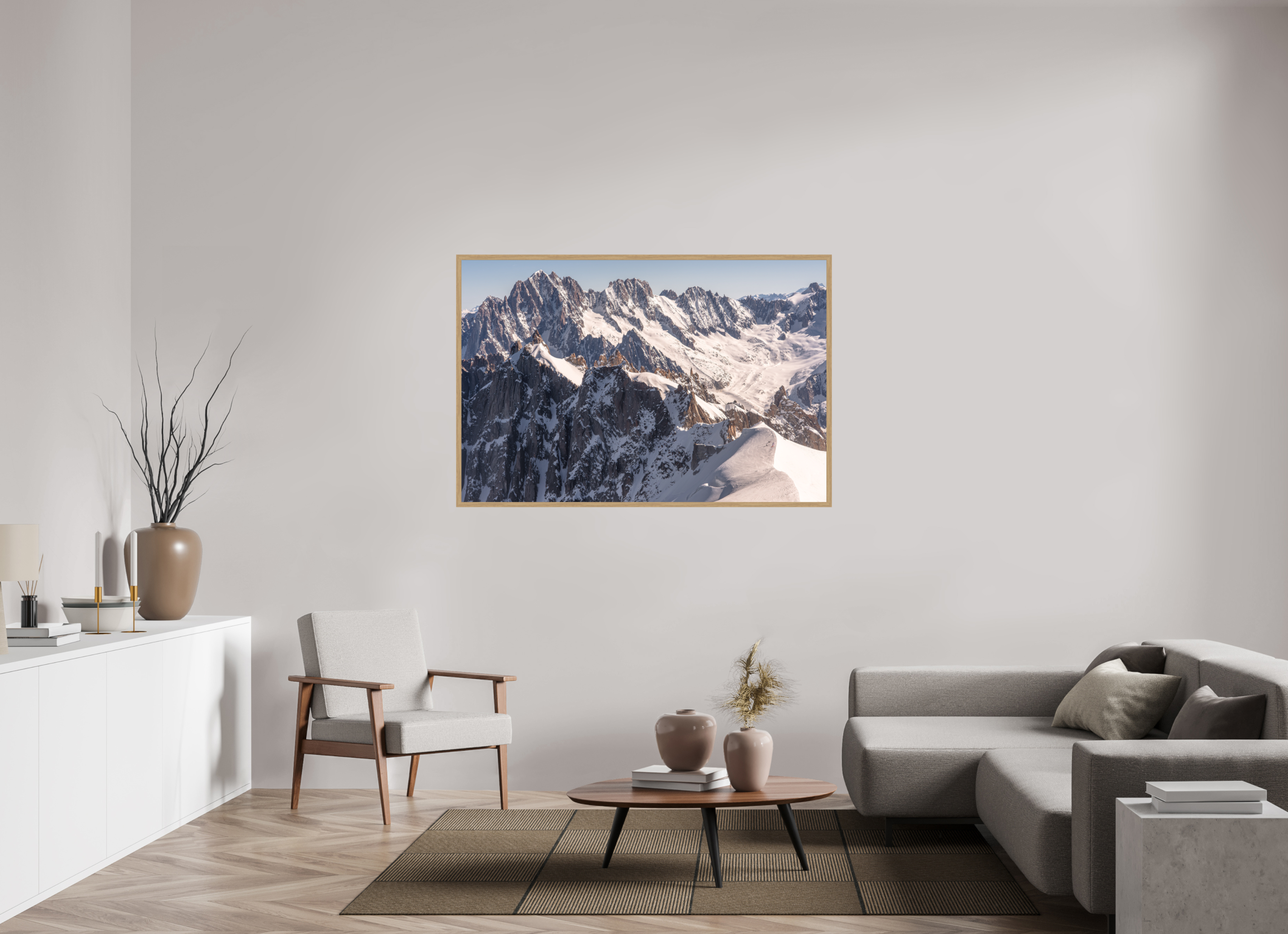 150 x 100 cm, Impression Fine Art encadrée en chêne naturel - mat Aiguille Verte, les Droites et les Courtes