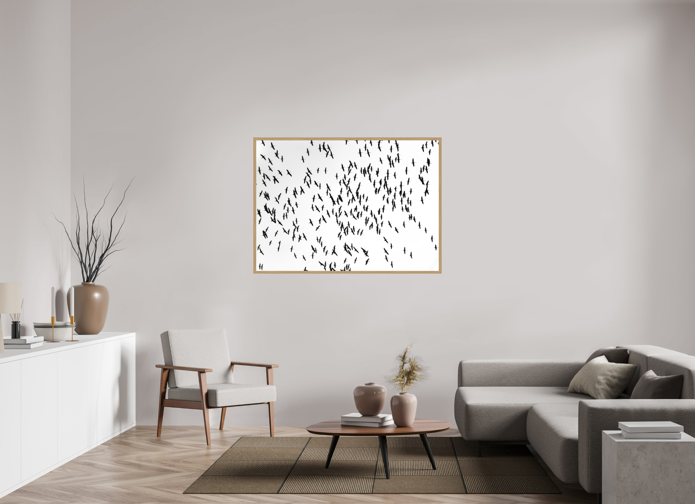 139,2 x 100 cm, Impression Fine Art encadrée en chêne naturel - mat Grues III