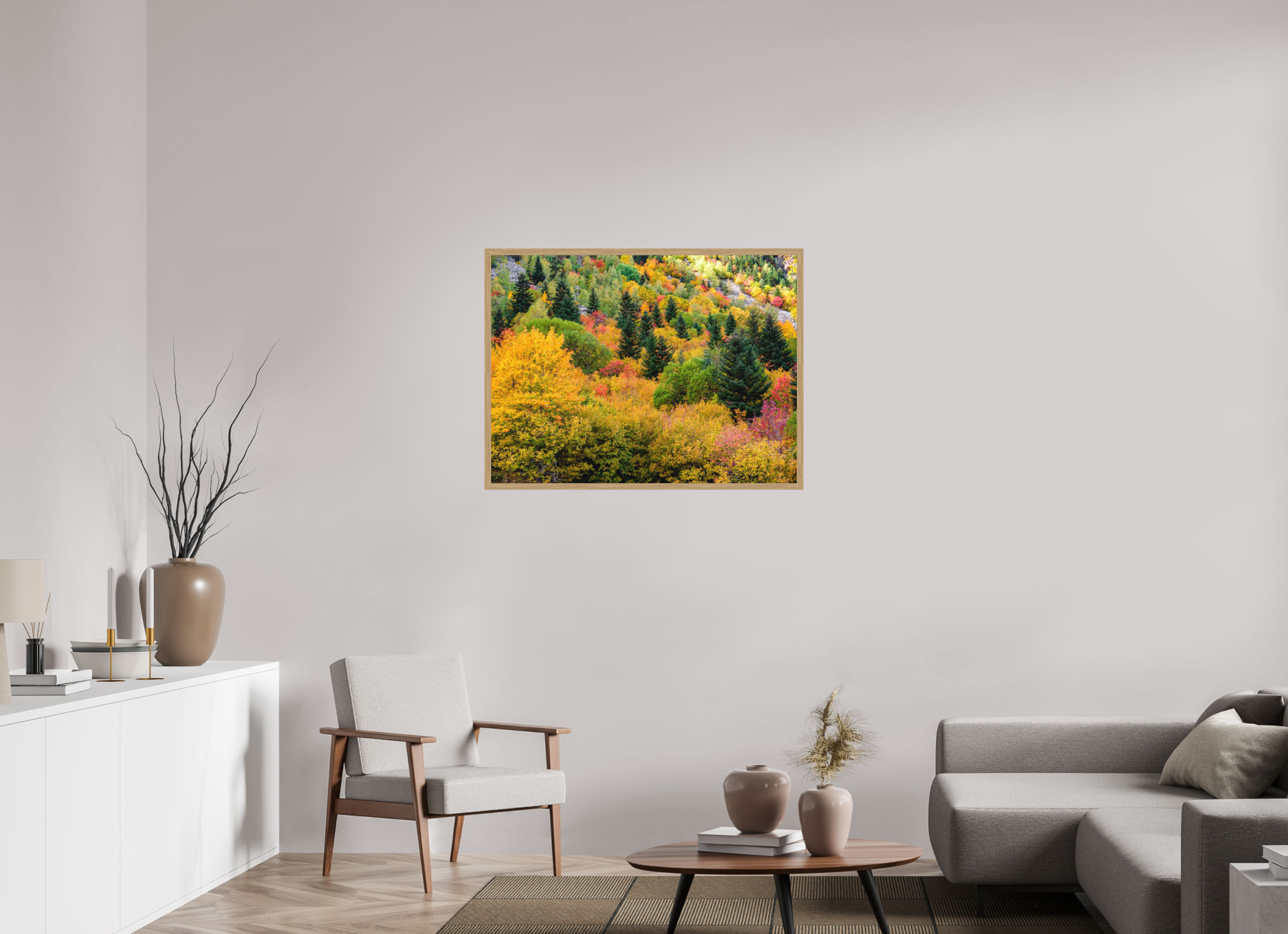 100 x 75 cm, Impression Fine Art encadrée en chêne naturel - mat Forêt de couleurs