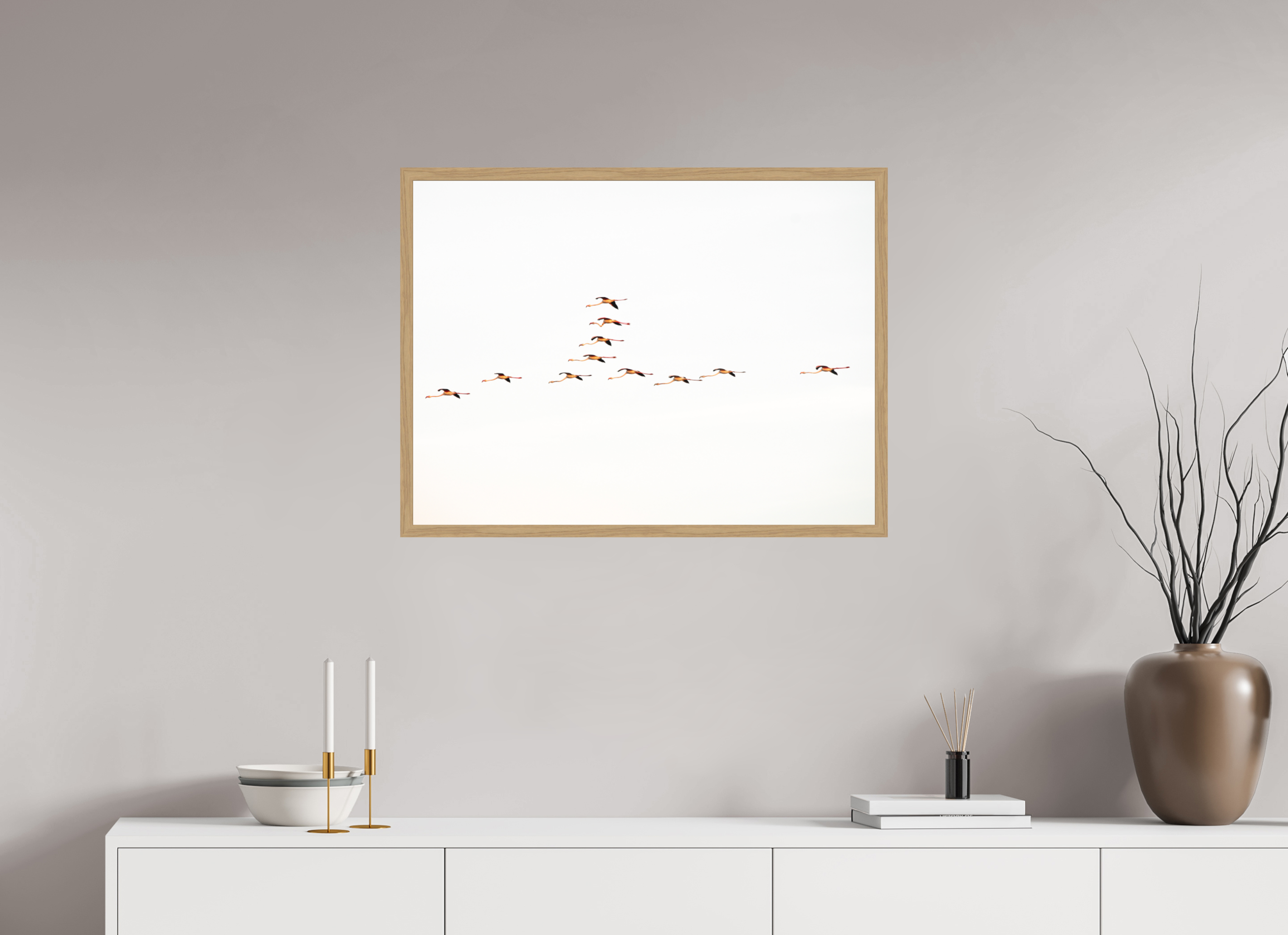 80 x 60 cm, Impression Fine Art encadrée en chêne naturel - mat Flamands roses