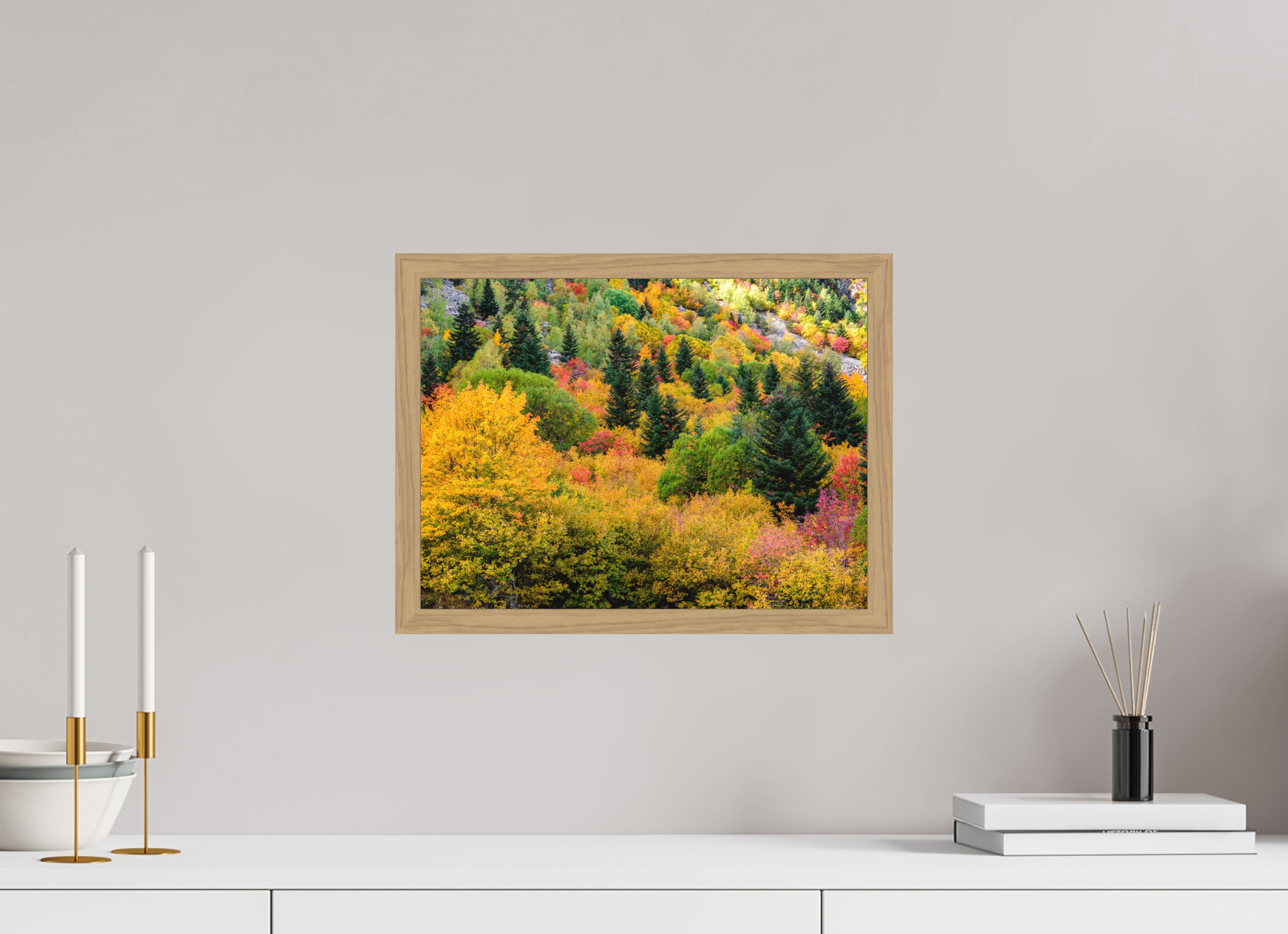 40 x 30 cm, Impression Fine Art encadrée en chêne naturel - mat Forêt de couleurs