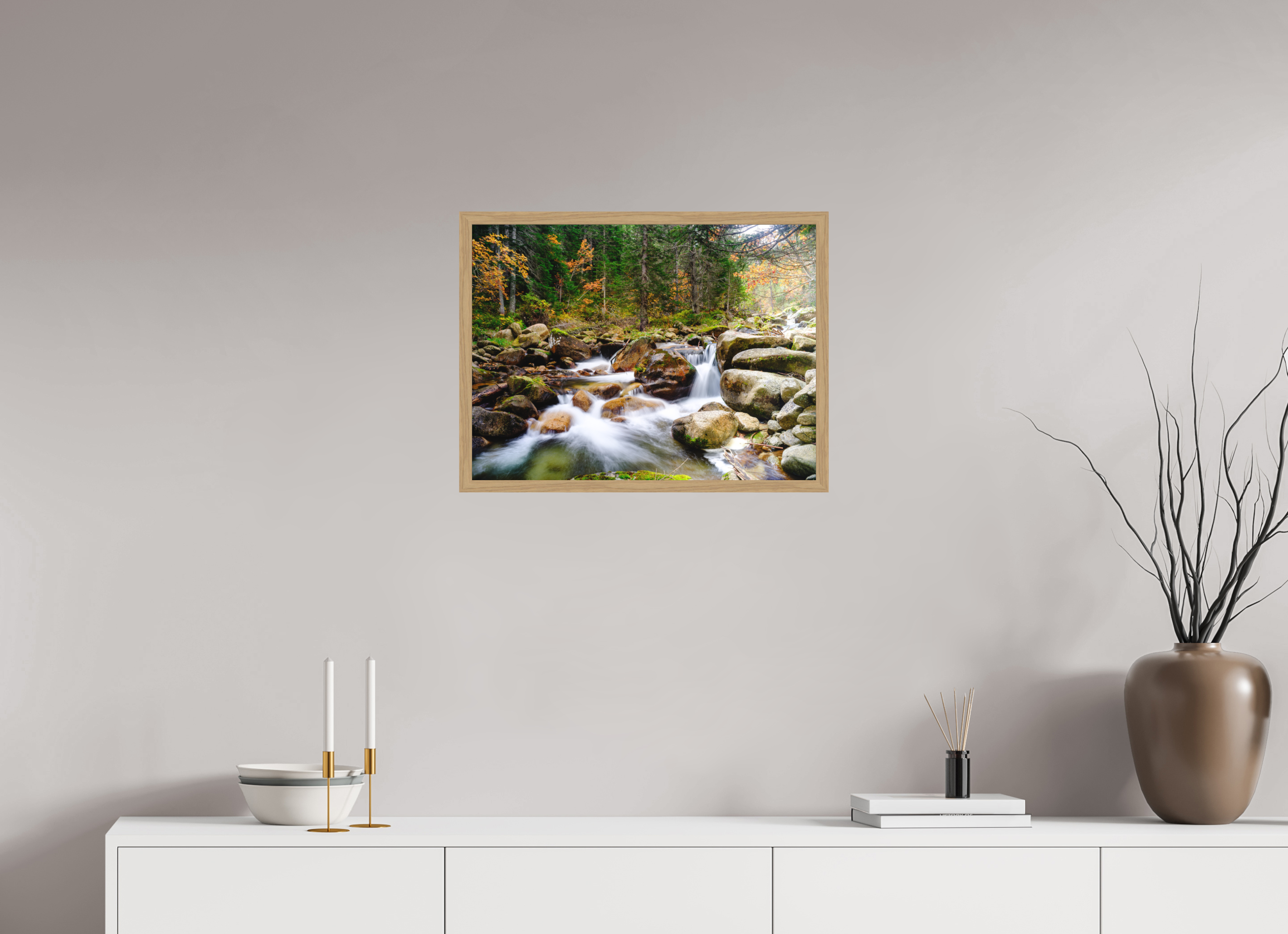 60 x 45 cm, Impression Fine Art encadrée en chêne naturel - mat Il en faut peu pour être heureux