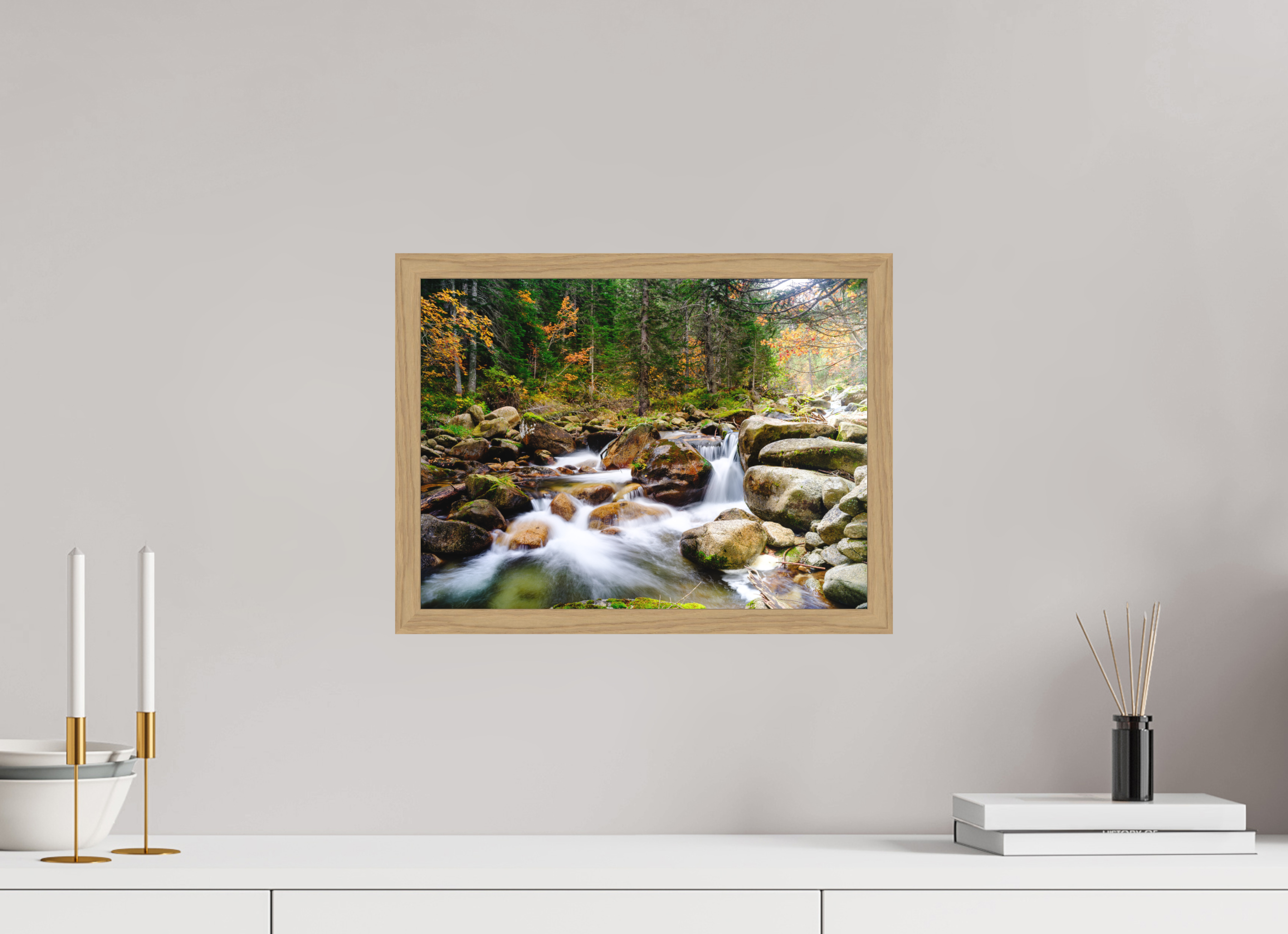 40 x 30 cm, Impression Fine Art encadrée en chêne naturel - mat Il en faut peu pour être heureux