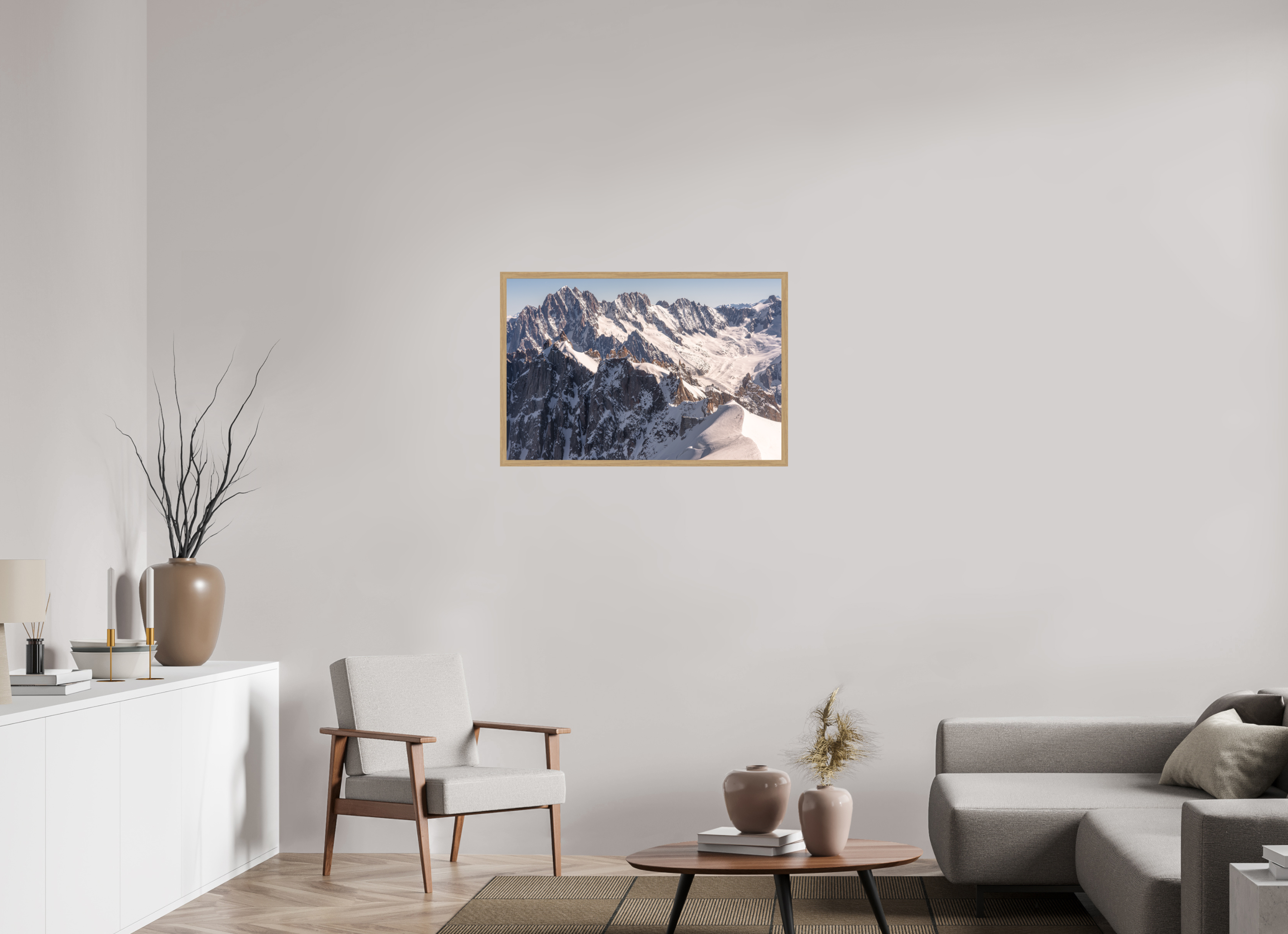 90 x 60 cm, Impression Fine Art encadrée en chêne naturel - mat Aiguille Verte, les Droites et les Courtes