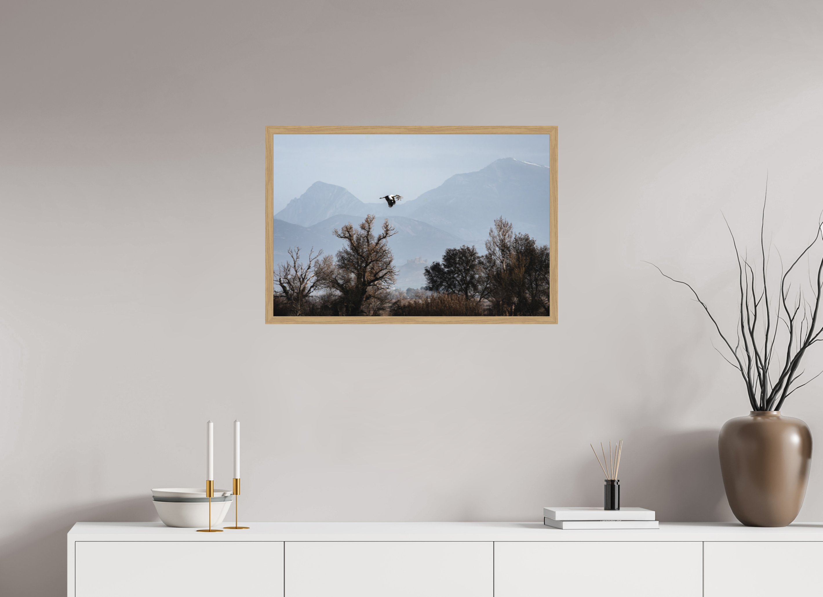 75 x 50 cm, Impression Fine Art encadrée en chêne naturel - mat Grues V